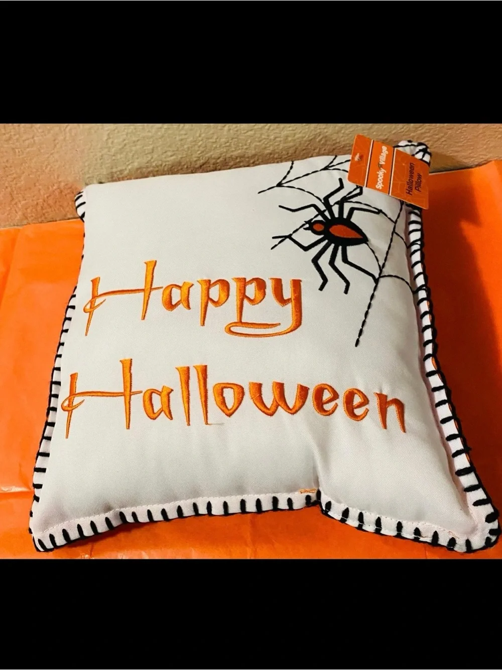 Happy Halloween Decorative Pillow with Spider Accent